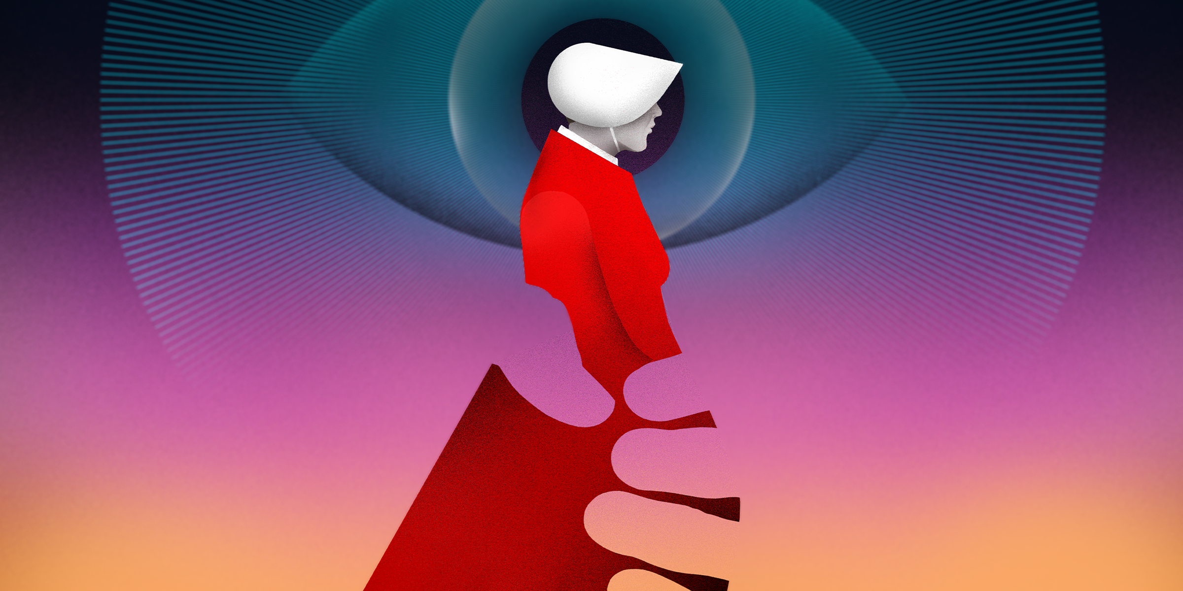 The Handmaid's Tale graphic of a handmaid in red dress and white bonnet with invisible hands around her and a large eye in the background