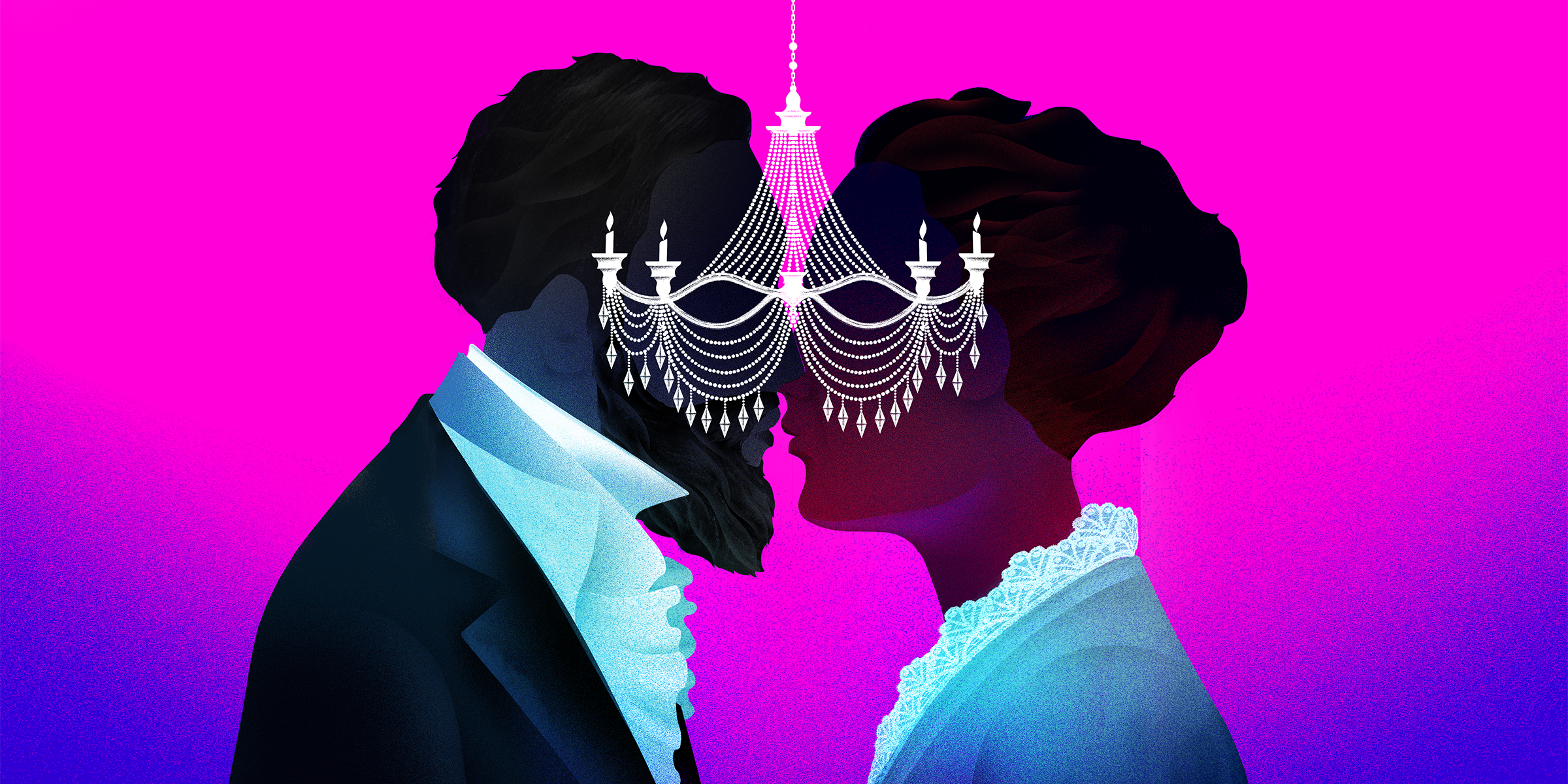 Un Ballo in Maschera graphic depicting a male and female silhouette face to face with a chandelier between them.